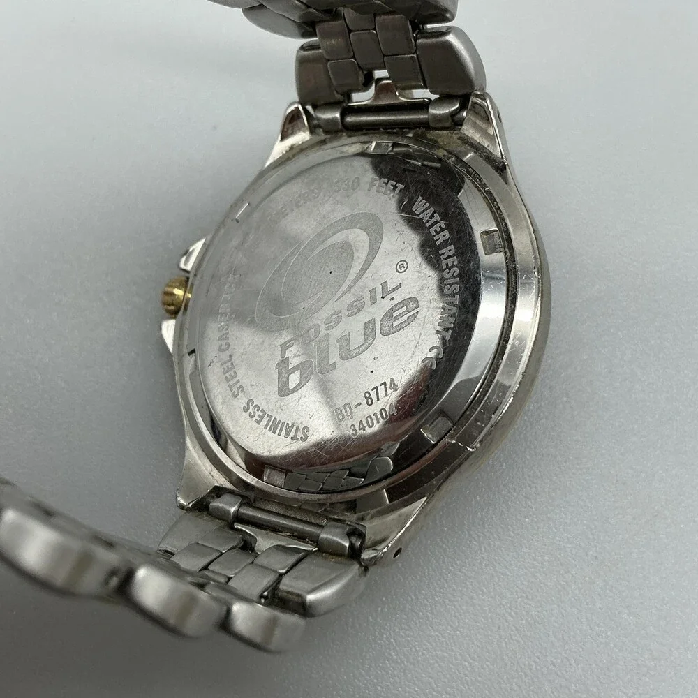 Vintage Fossil Blue BQ-8774 Mens Watch 40mm Two Tone Bracelet New Battery 7.5